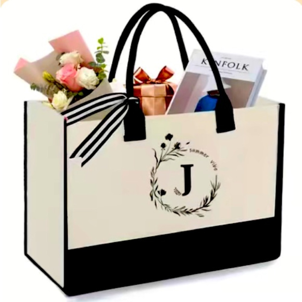 Monogram letter “J” large canvas tote bag